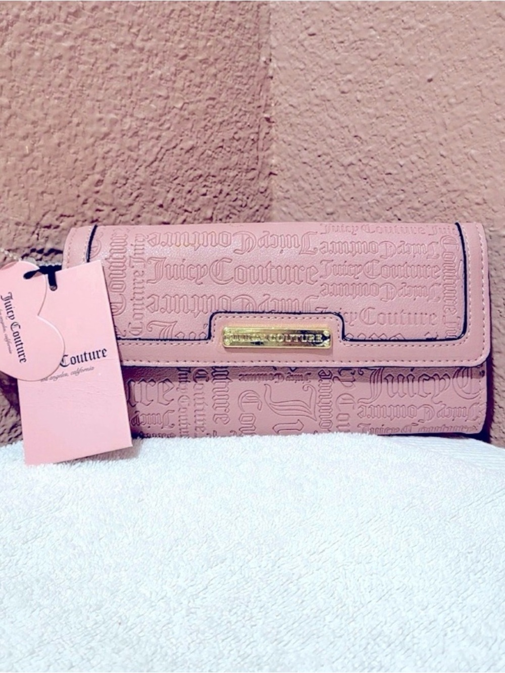 Juicy Couture Pink Embossed Logo Wallet Clutch with Gold Plate